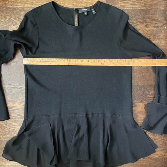 Theory Black Lexanda C Idol Bell-Sleeve Peplum Top Woo/Silk-Medium - Picture 7 of 9